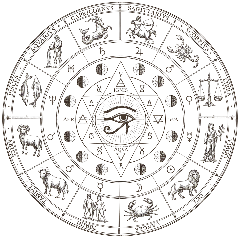 Antique circular esoteric diagram combining zodiac, moon phases and alchemical symbols