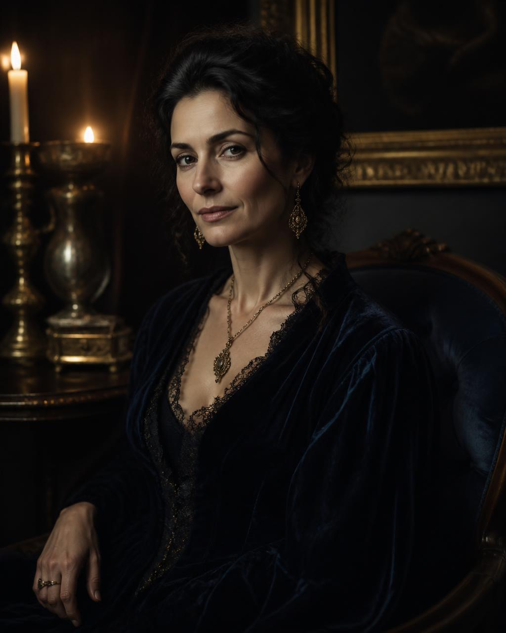 Élise Noir, tarot reader, in her candlelit salon